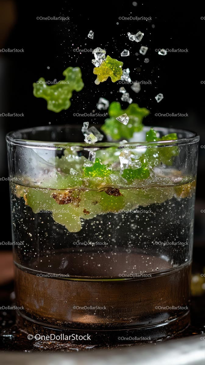 Colorful Candy Gummy Bears Flying Into Glass of Water