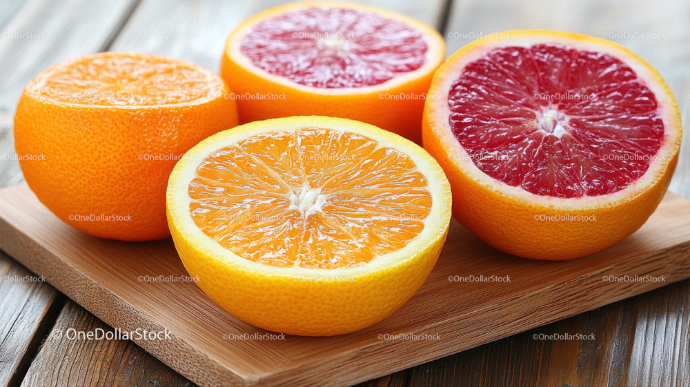 Vibrant Slices of Orange and Red Grapefruit on Wooden Board