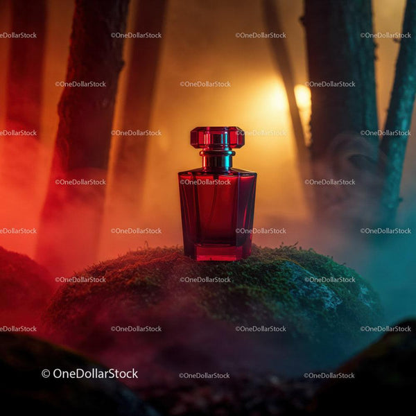 Red Perfume Bottle in Colorful Ambient Setting JPG Mockup Image