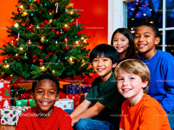Joyful diverse children celebrating Christmas together