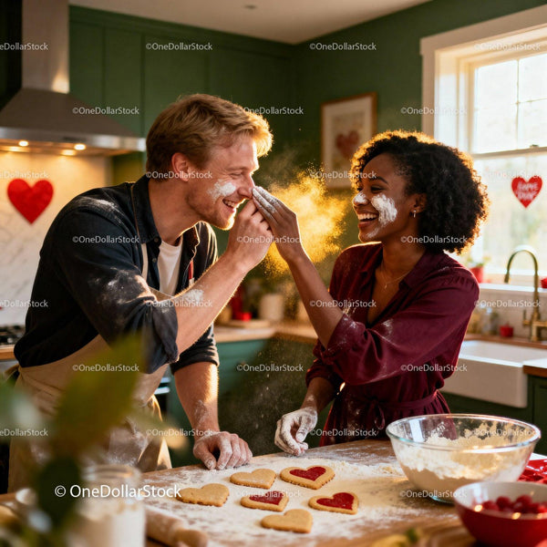 Couple Laughing While Baking Heart Shaped Cookies