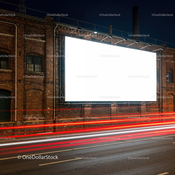 Empty illuminated billboard on old brick building at night JPG Mockup Image
