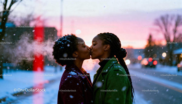 Couple sharing a tender kiss on snowy winter evening