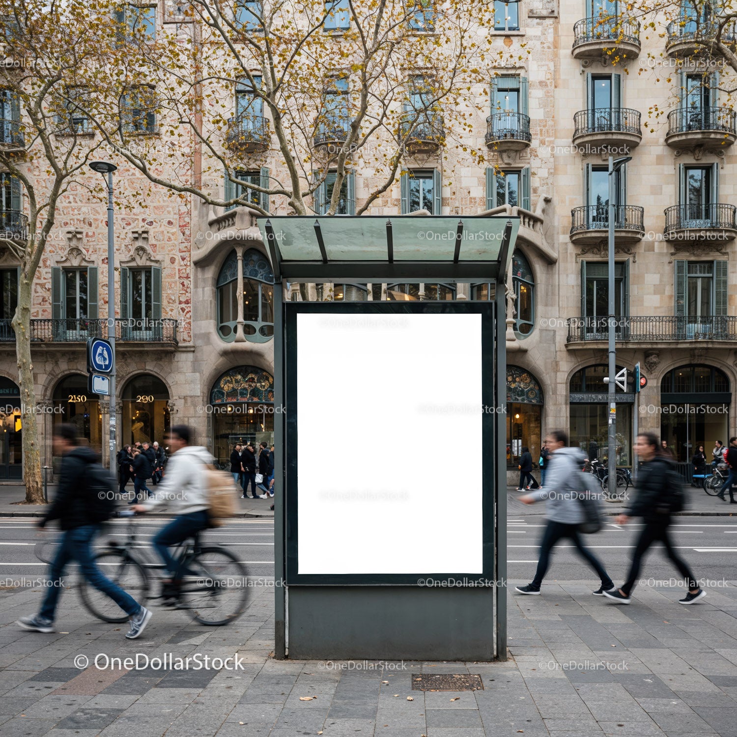 Urban street scene with blank advertising board and pedestrians