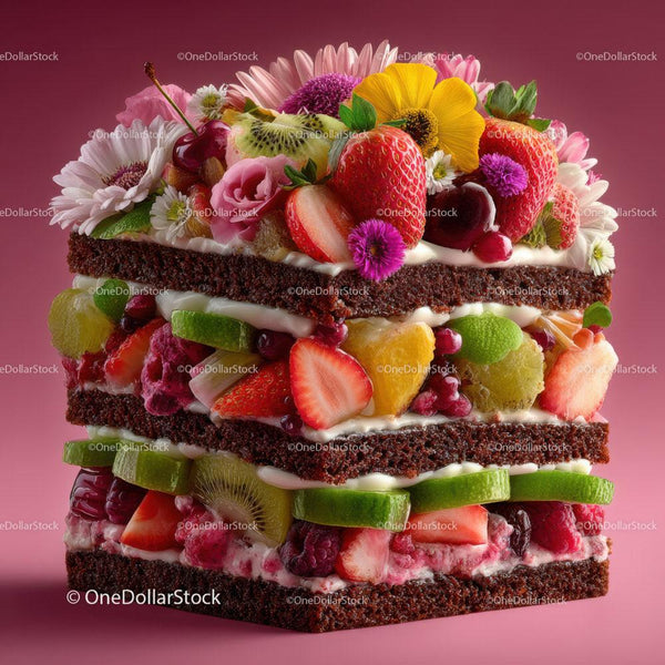 Colorful layered fruit cake with strawberries kiwis and berries