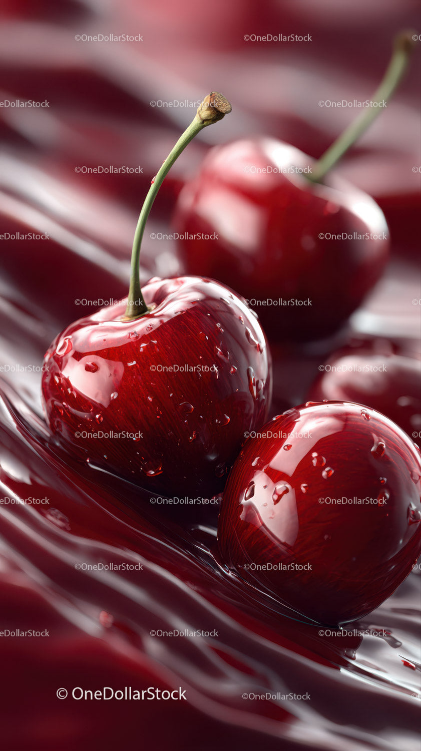 Close-up of Juicy Red Cherries with Water Droplets