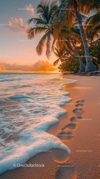 Sunset Over Tropical Beach with Palm Trees and Clear Ocean Water