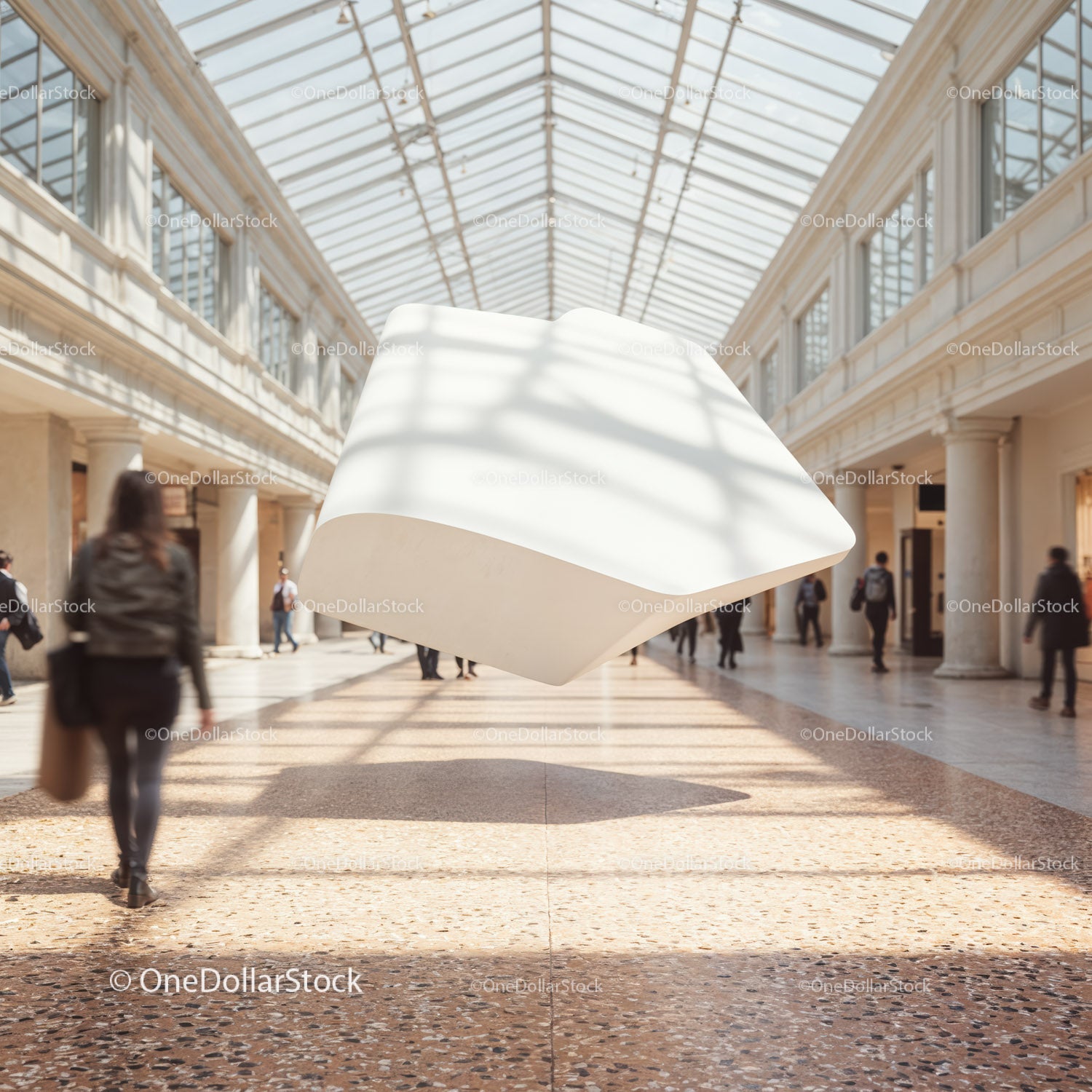 Large Floating White Cube in Bright Glass Atrium