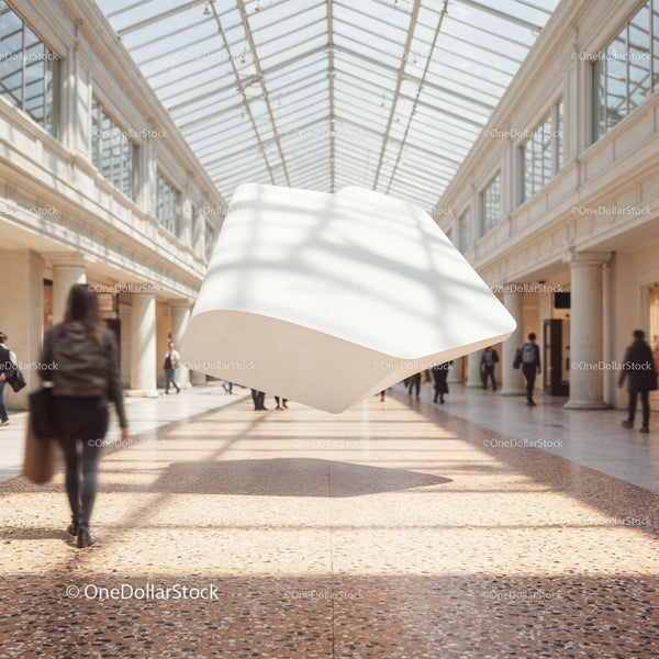 Large Floating White Cube in Bright Glass Atrium JPG Mockup Image