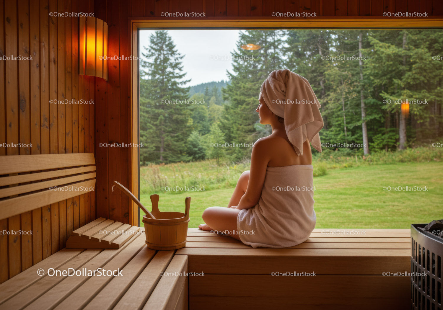 Woman Relaxing in Wooden Sauna with Forest View