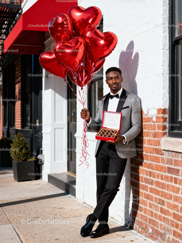 Elegant man holding heart balloons and chocolates outdoors