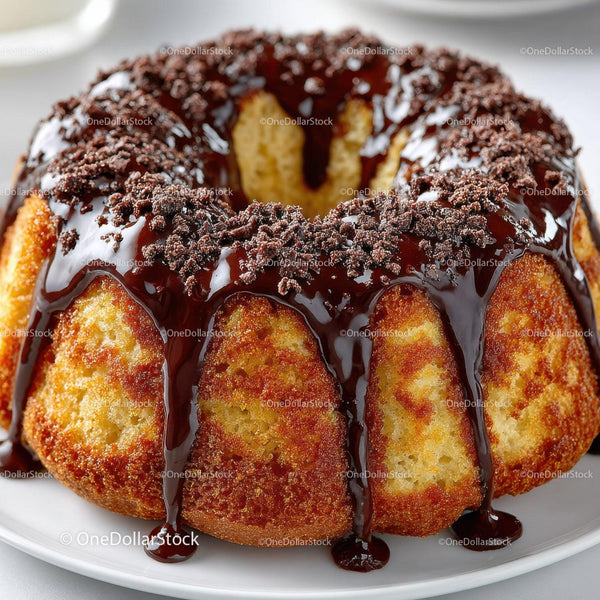 Moist Vanilla Bundt Cake with Chocolate Syrup and Crumbs