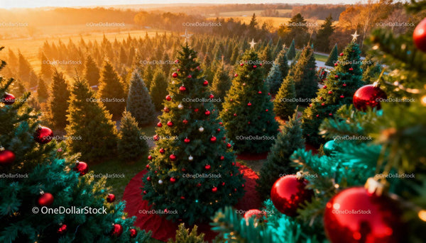 Christmas Tree Farm with Festive Decorations at Sunset