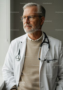 Senior Male Doctor in White Lab Coat with Stethoscope Looking Thoughtful