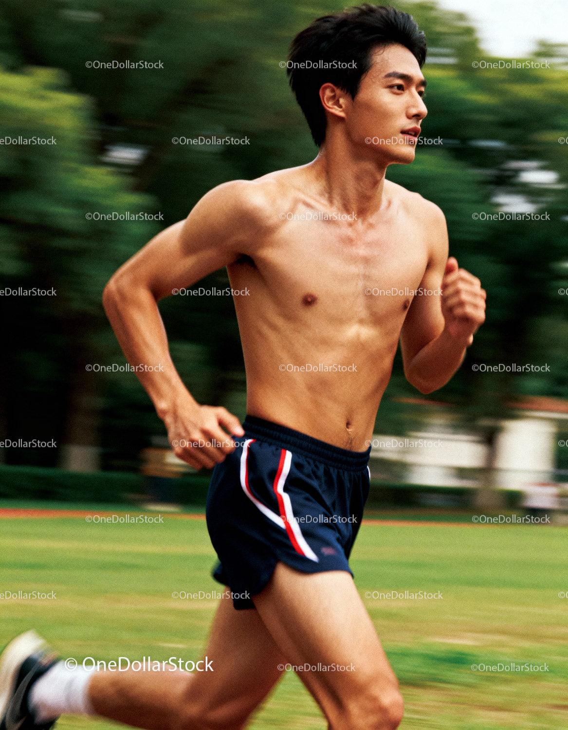 Young man running fast outdoors in summer park