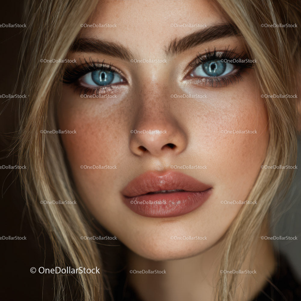 Portret pięknej blondynki o niebieskich oczach