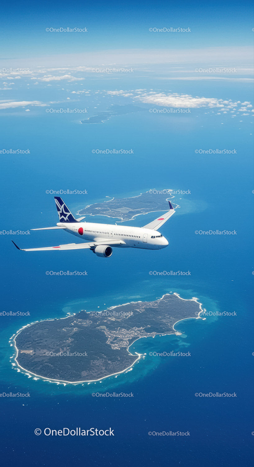 Passenger Jet Flying Over Island with Ocean and Cloudscape