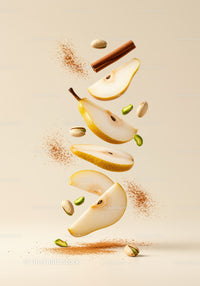 Floating sliced pear with cinnamon and pistachio nuts