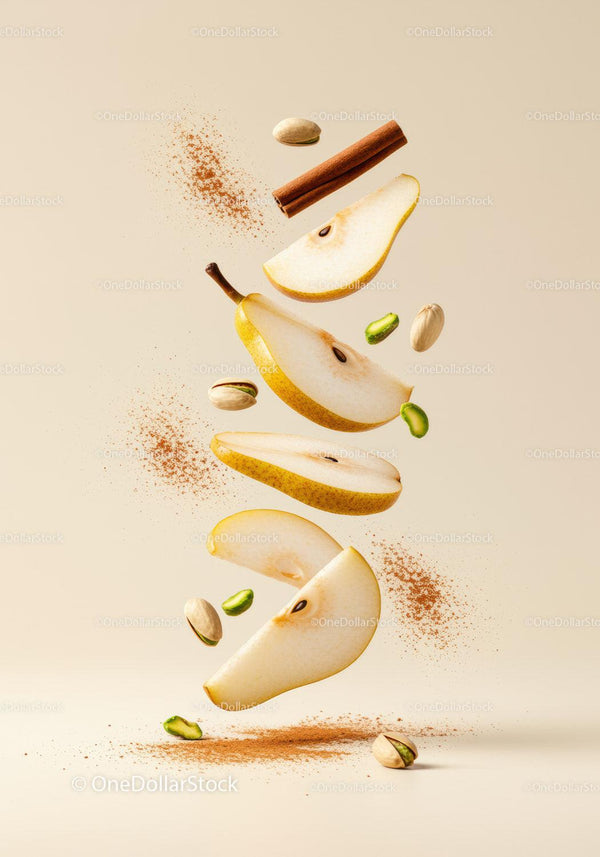 Floating sliced pear with cinnamon and pistachio nuts