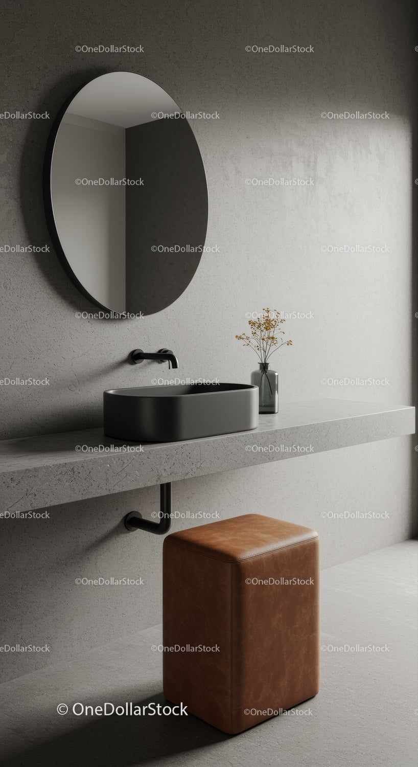 Minimalist Bathroom with Oval Mirror and Concrete Countertop