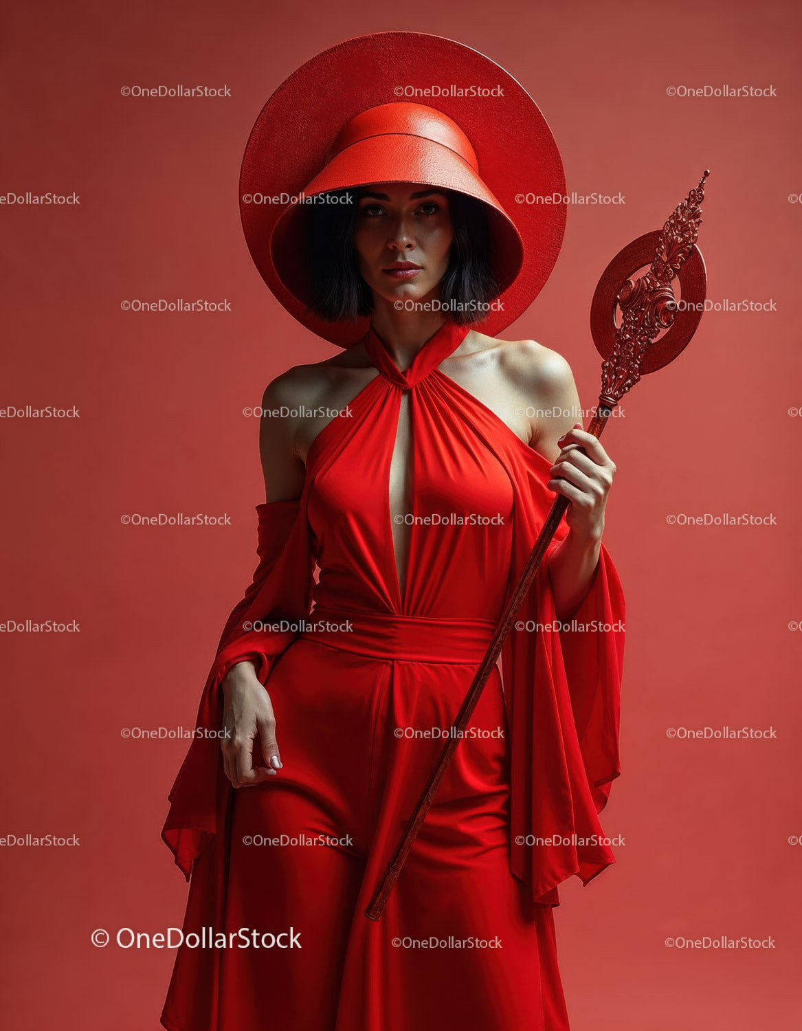Elegant Woman in Red Dress with Accessories Against Red Background