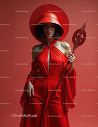 Elegant Woman in Red Dress with Accessories Against Red Background