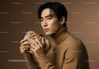 Elegant Young Man in Brown Turtleneck Holding Beige Clutch Professional Portrait