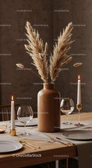 Elegant Dining Table with Pampas Grass Centerpiece and Candlelight Atmosphere