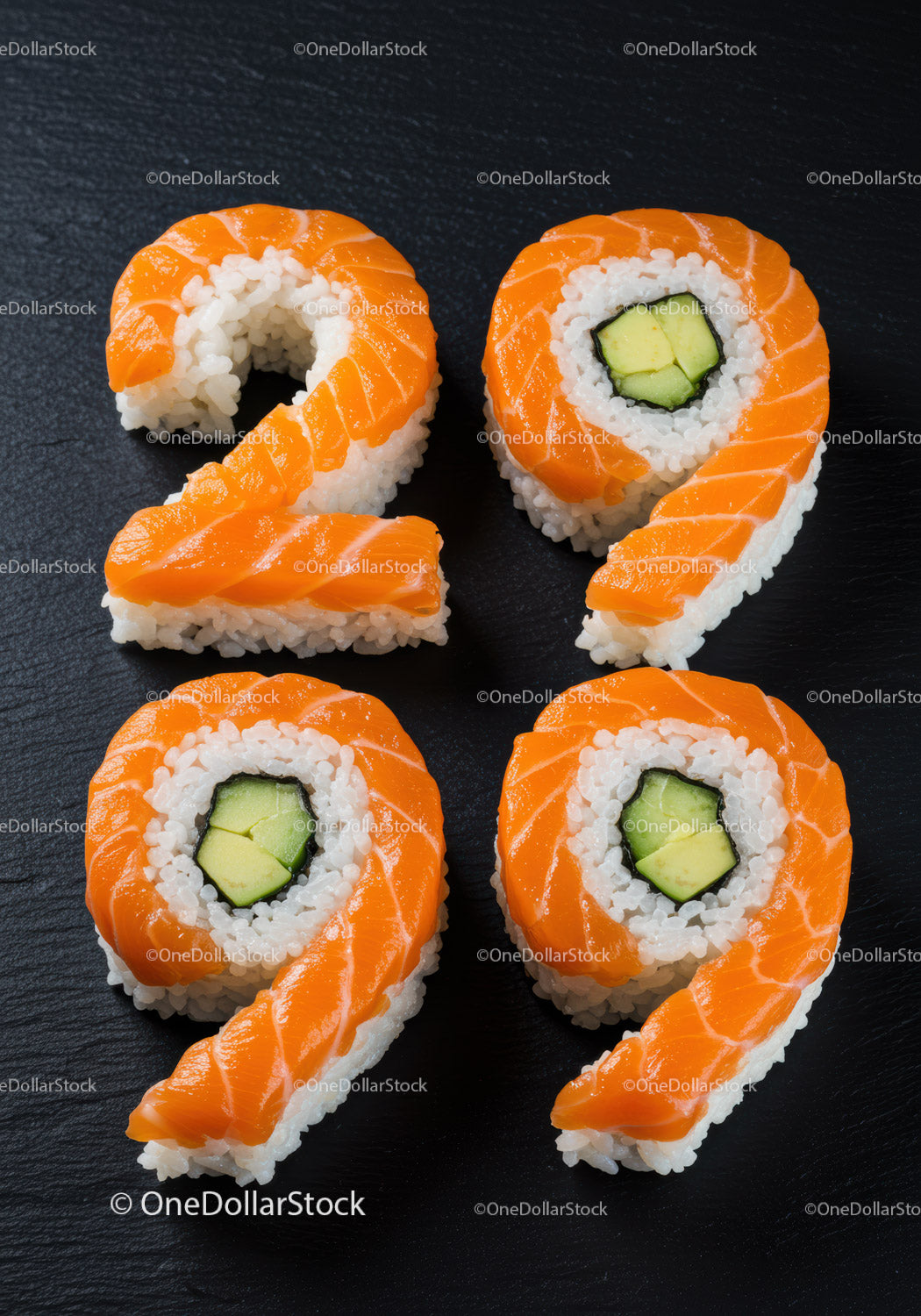 Kreatywne rolki sushi w kształcie cyfry 29 na czarnym talerzu