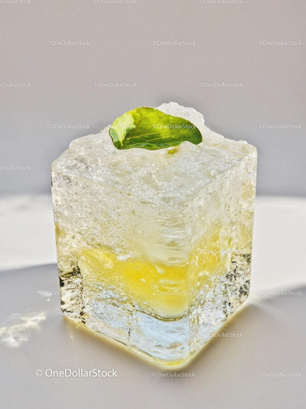 Close up of clear ice cube with lemon and mint leaf