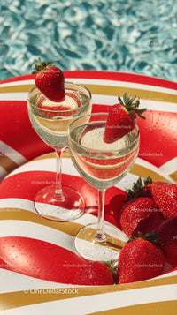 Strawberries and Sparkling Wine Glasses by Poolside in Summer
