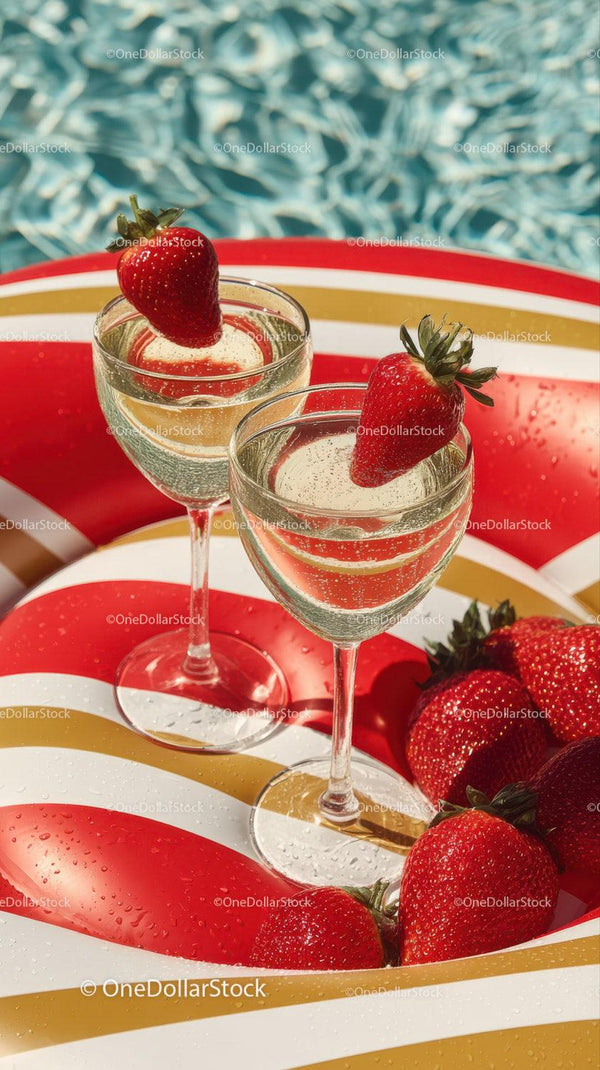 Strawberries and Sparkling Wine Glasses by Poolside in Summer