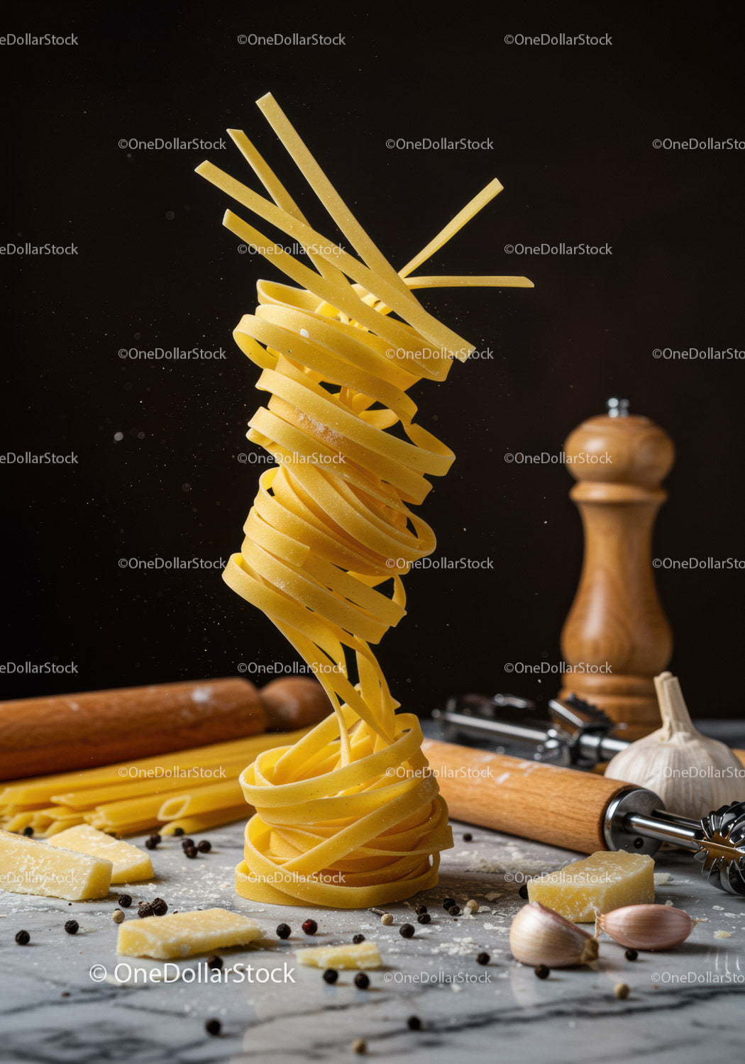 Surowy makaron tagliatelle z czosnkiem i serem na marmurze