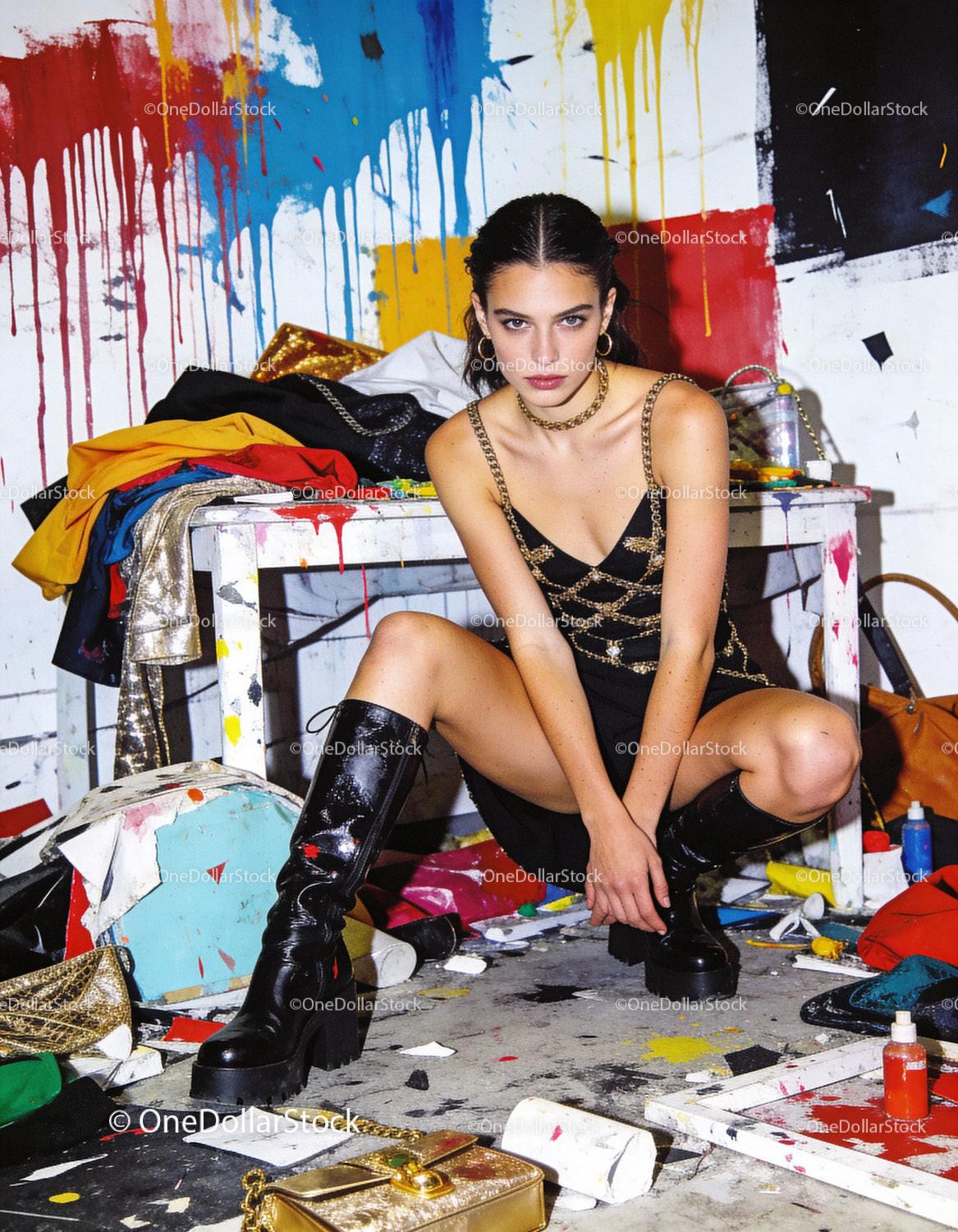 Fashion model posing bold in vibrant messy studio