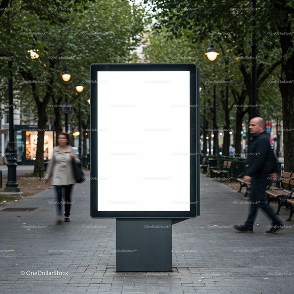Empty outdoor billboard on urban tree-lined walkway JPG Mockup Image
