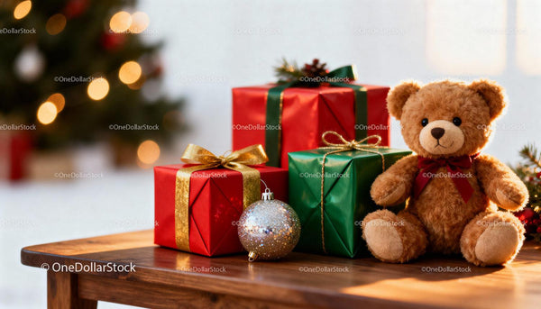 Cozy Teddy Bear and Wrapped Christmas Gifts on Table