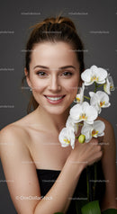 Smiling Woman with White Orchid Flower - Elegant Studio Portrait