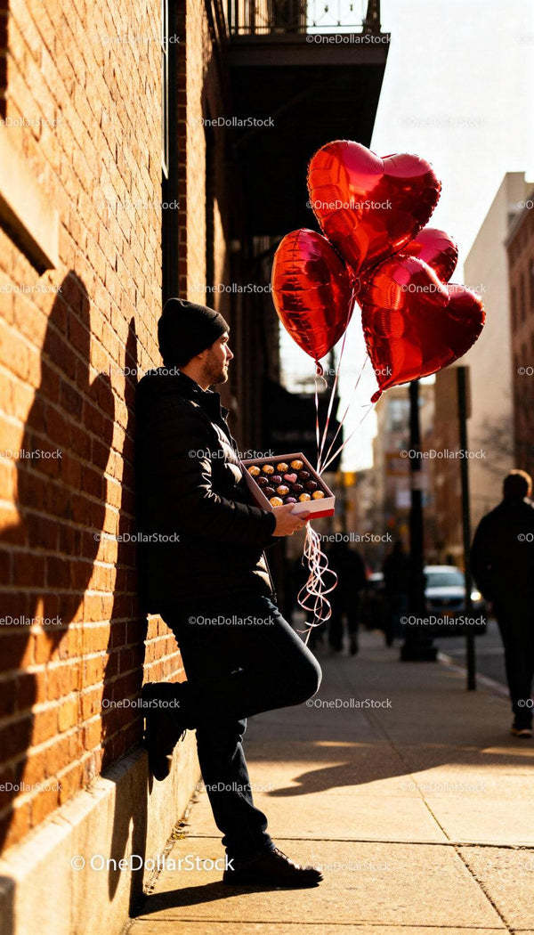 Man with Heart Balloons and Chocolates on Urban Sidewalk