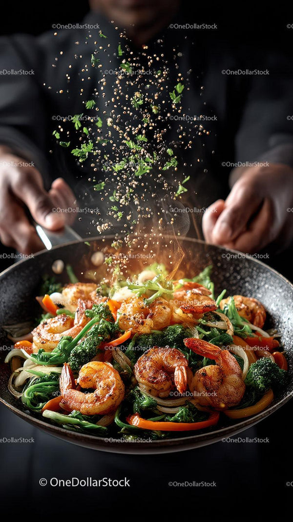 Seafood Stir-Fry with Shrimp and Colorful Vegetables in a Wok