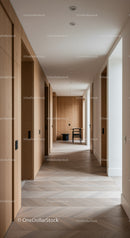 Minimalist hallway with natural wood and sleek furniture