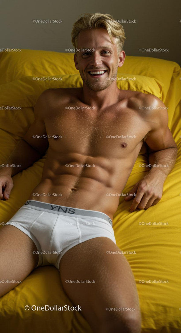 Relaxed young man smiling on yellow bed in white briefs