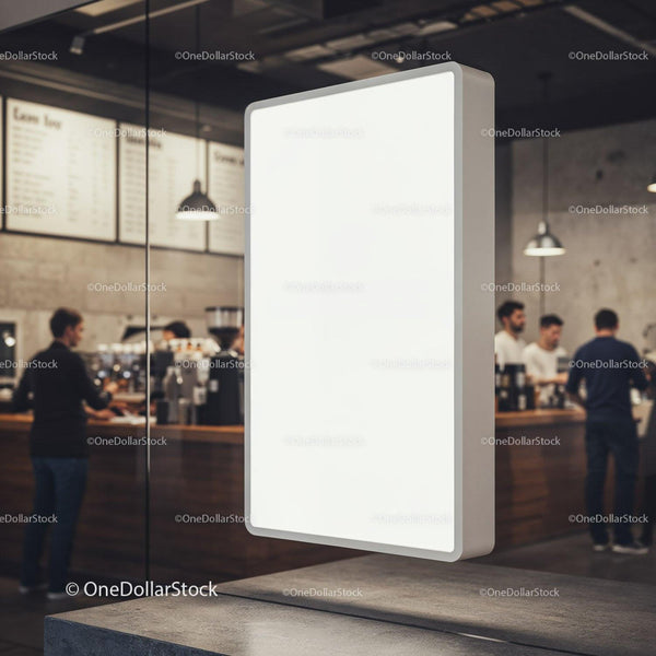 Modern blank vertical signboard in busy coffee shop interior JPG Mockup Image