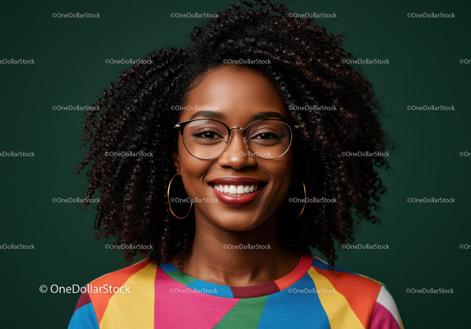 Vibrant Portrait of Smiling Woman with Curly Hair and Glasses