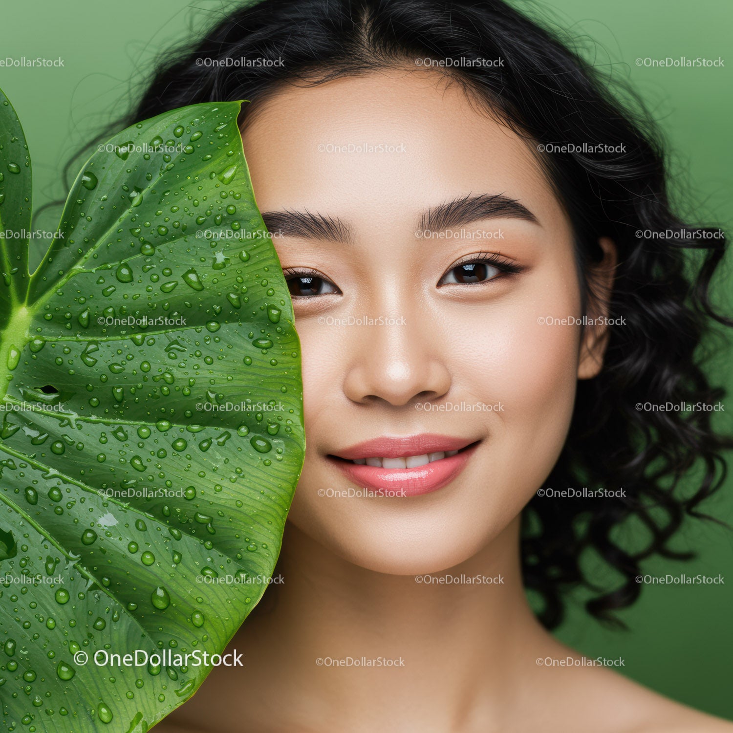 Portrait of a Woman with Green Tropical Leaves and Dewdrops