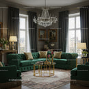 Elegant living room with green velvet sofa and chandelier