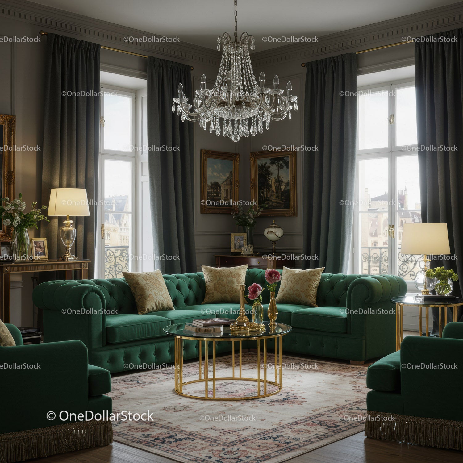 Elegant living room with green velvet sofa and chandelier