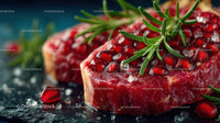 Close-up of Ripe Pomegranate with Green Rosemary on Dark Surface