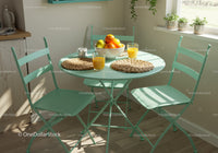 Cozy breakfast nook with mint green table and chairs