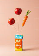 Fruit juice carton with apple and carrot balloons