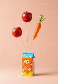Fruit juice carton with apple and carrot balloons